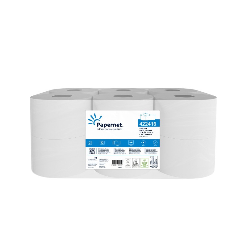 Mini Jumbo toiletpapier met centrale trekstrip - 2-laags - Pure cellulose - Wit - 210 m - 840 stuks - Pak van 12 rollen (SmartOne type)